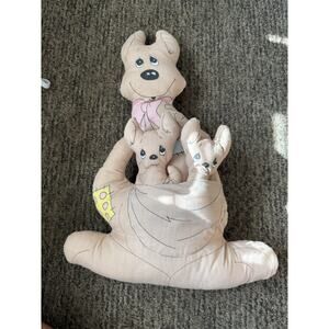 Vintage 1970s Cut & Sew Kangaroo Plush With 2 Joeys Handmade Retro Fabric Stuffe